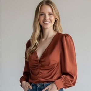 Lush Satin Rust-Orange Long Sleeve Crop Top